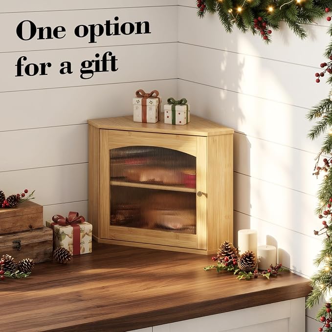 LAMU Corner Bread Box for Kitchen Countertop, Bamboo Wood Bread Storage | 2-Tier Storage Bin with Magnetic Acrylic Door, Large Capacity Organizer for Homemade Bread, Coffee, Fruit & Spices, Bamboo - Image 9