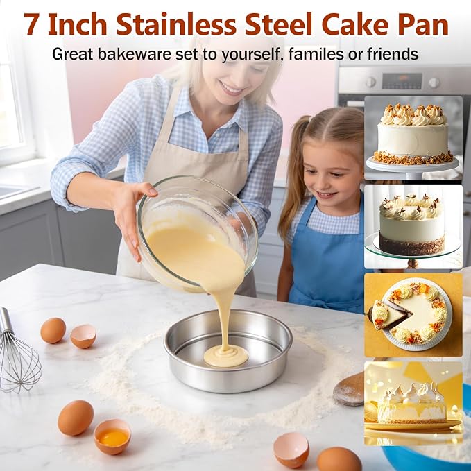 P&P CHEF 7 Inch Cake Pan Set of 3, Stainless Steel Round Cake Baking Pan | Layer Cake Tin Bakeware for Cooking Steaming, Ideal for Birthday Wedding Anniversary, Fit for Home & Commercial Use - Image 7