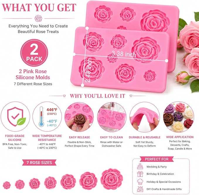 2 Pack Rose Flower Silicone Molds, Food Grade Non-Stick Molds for Cake Chocolate Mousse Jelly Fondant Sugarcraft Wedding Party Baking - Image 7