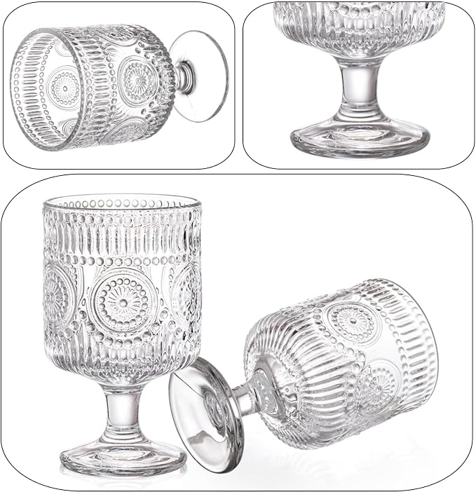 Pumtus 6 Pack Vintage Goblet Glasses, 7.6 OZ Embossed Floral Glass Cup, Clear Romantic Wine Glassware, Unique Pressed Pattern Stemware, Mixed Drink Glasses Set for Cocktail, Juice,Whiskey, Beer - Image 9