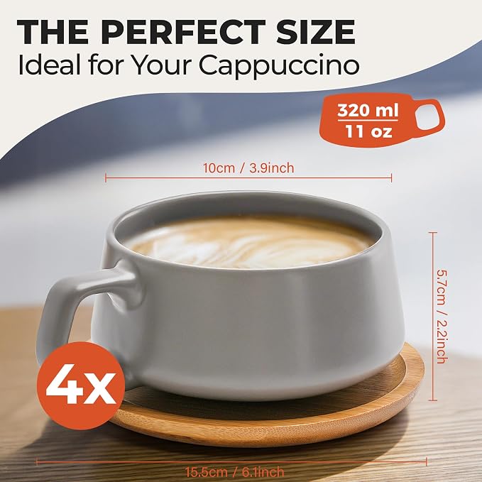 MIAMIO - Cappuccino Cup Set of 4, Ceramic (9.5oz) - Luxe (Classic Pastel) | Ceramic cappuccino cups and saucers, wide latte cups and mugs for Americano, 4-piece set of ceramic cups, dishwasher safe - Image 6