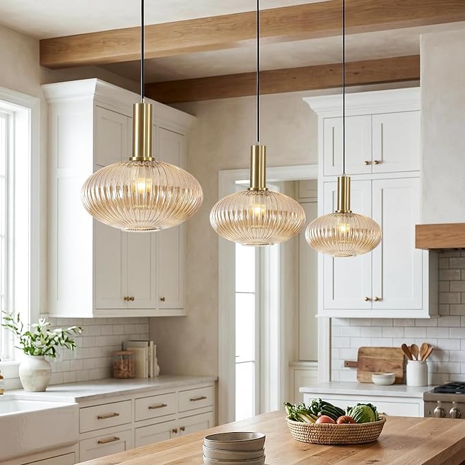 KCO Modern Brushed Brass Gold 11.8β Large Amber Ribbed Glass Pendant Light | E26 Adjustable Lantern Hanging Light for Sloped Ceiling Mid Century Vintage Ceiling Light for Kitchen Island Sink Dining Room - Image 7