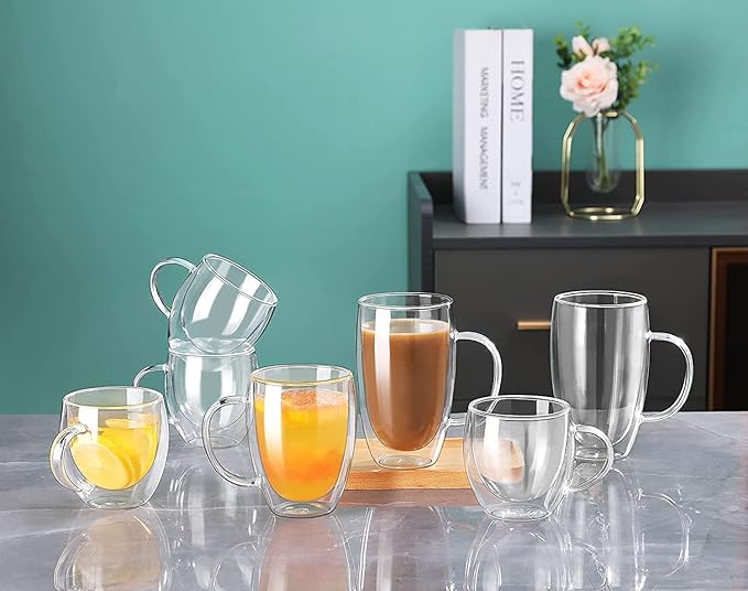 Double Wall Glass Coffee Mugs with Handle, Clear Coffee Mugs Set of 1 (12oz / 350 ml), Tea/Coffee/Latte/Cappucino/Cafe/Milk, or other Hot Beverage mugs. (350ml)