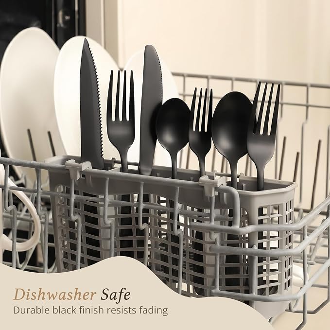 Hiware 48-Piece Black Silverware Set for 8, 18/10 Stainless Steel Flatware Cutlery Set with Forks, Knives, Spoons, Steak Knives, Durable and Elegant Design Utensils Tableware - Dishwasher Safe - Image 7