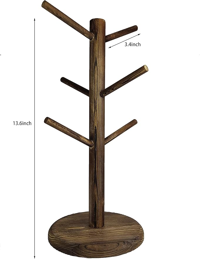 Dorhors Mug Holder Tree,Coffee Cup Holder,Mug Rack Stand Hook,Bar Organizer | Rustic Brown Wood Coffee Station Accessories 6 Hook,Coffee Shelf Decor for Kitchen Countertop,Counter Storage Display Mug,Cup - Image 5