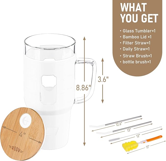 Glass Cups with Handle and Bamboo Lids - 40oz Tumbler with Stainless Steel Straw | Glass Water Bottle with Silicone Sleeve for Coffee, Smoothi, Hot/Cold Drinks for Travel, Office, Home (White)
