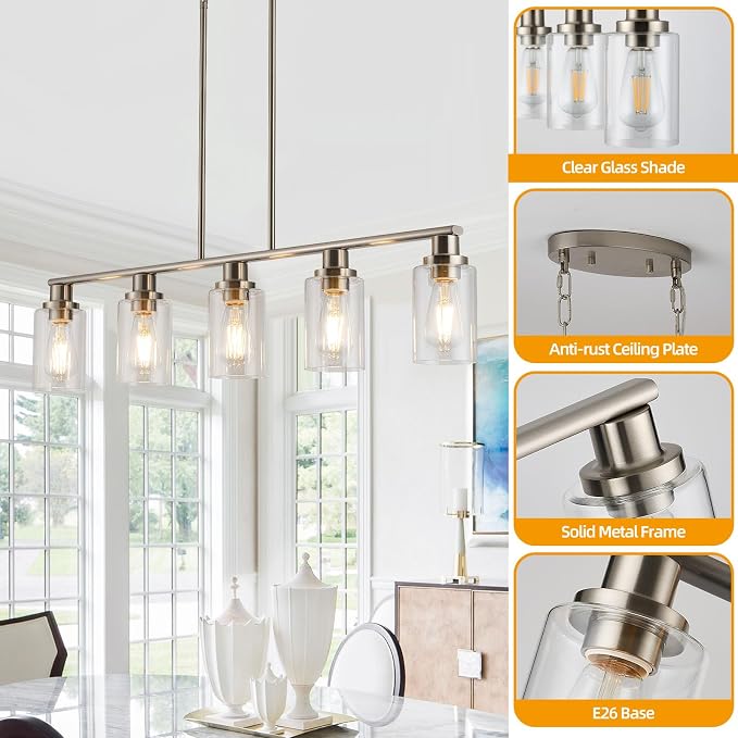 Kitchen Island Pendant Lighting, 5-Light Farmhouse Dining Room Light Fixture Over Table, Brushed Nickel Finish with Clear Glass Shade, Rustic Industrial Linear Chandelier for Kitchen Island - Image 7