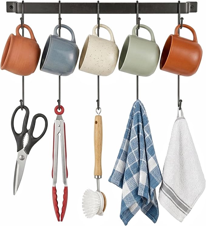 17" Coffee Mug Hook Rack Wall Mounted Set of 2 | Black Metal Tea Cup Holder Hanger Organizer 10 Hooks, Kitchen Rail Utensil Rack for Dining Room Coffee Bar - Image 8