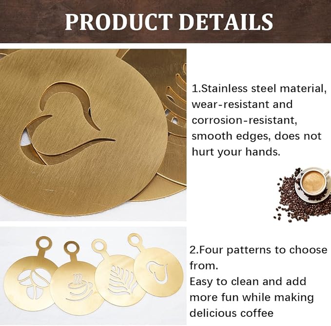 GORGECRAFT 4Pcs Coffee Cup Stencil Template Coffee Decorating Stencils Golden Coffee Latte Art Flat Round with Leaf Heart Cup Pattern Cappuccino Art Templates for Cup Cake Birthday Cake Coffee