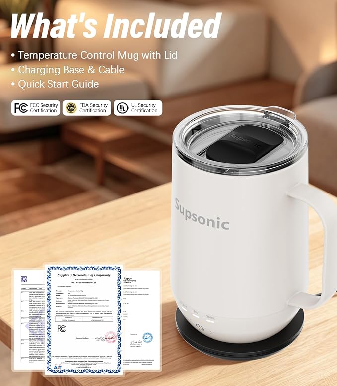 Supsonic - 16oz Self Heating Coffee Mug, Smart Heated Coffee Mug Faster Direct-Contact Heating Up to 149°F, Coffee Mug Warmer Set with Auto Shut-Off - Gifts for Men Women | S2 - Image 8