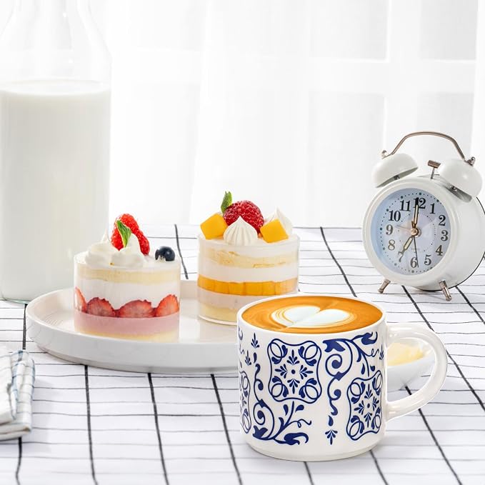 Eorbow 4 Pack Ceramic Coffee Mug Set with Rack, 16 OZ Stackable Cappuccino Cups with Metal Stand, Blue and White Porcelain Tea Mugs for Latte, Americano, Milk, Hot Cocoa, Beverages, Microwave Safe - Image 8