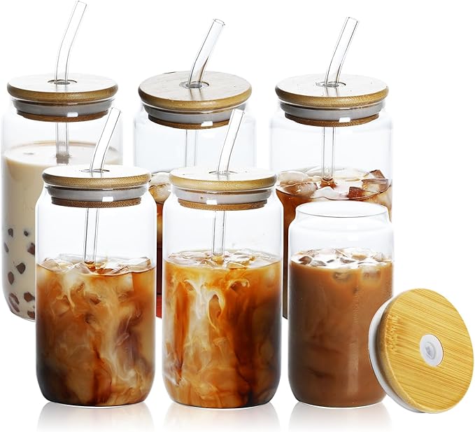 glass 16 ounces (approximately 453.6 grams), 1 glass with lid and straw - coffee cup, water, beer, cute tea, gift -1 cleaning brush, 2 straw