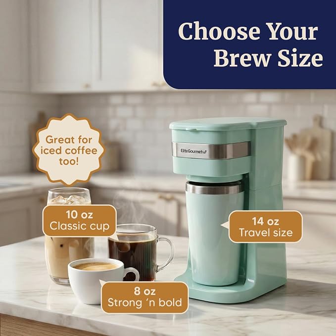 Elite Gourmet EHC113M Personal Single-Serve Compact Coffee Maker, Mint | Includes 14oz stainless steel interior thermal travel mug, reusable filter - compatible with coffee grounds - Image 7