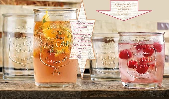 Glaver's Ice Cold Set of 8 Drinking Glasses 4-20 Oz Highball Glasses, and 4-13 Oz Whiskey Glass Cups For Everyday Home Use Water glasses, Beer, Juice, Cocktail. - Image 9