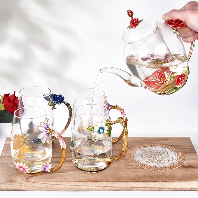 Enamel Glass Flower Tea Pot With Removable Loose Tea Leaf Infuser Tea Maker Teapot Set 30.4OZ Gifts for Women,Mom,Birthday | Tea Maker With Removable Loose Tea Leaf Infuser,Teapot Set,Heat & Cold Resistant,Shatterproof - Image 7