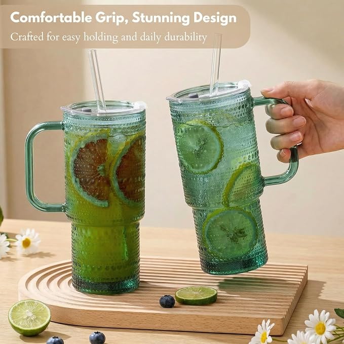 20 oz Green Glass Tumbler with Lid and Straw, Glass Iced Coffee Cups, Spill-proof Glasses Tumbler with Handle, Glasses Drinking Set of 2, Vintage Glassware for Cocktail, Smoothies - Image 8