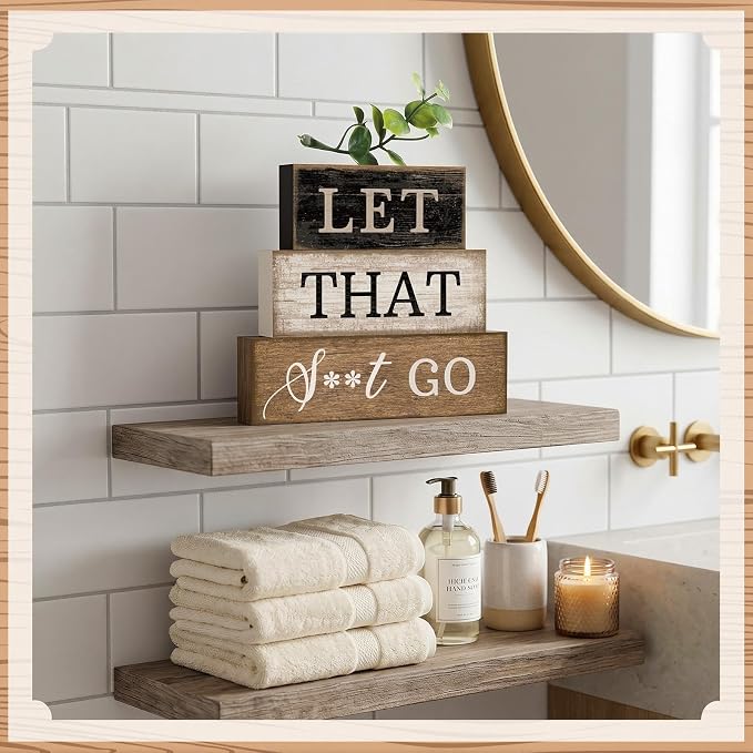 Moucuny 4 Pcs Bathroom Shelf Decor Sign Farmhouse Bathroom Decor and Accessories Rustic Eucalyptus Leaves Wood Block Sign Gift Let That Shit Go Funny Farmhouse Table Centerpiece for Home Office Toilet - Image 7