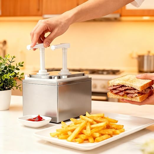 2.11 Quart Stainless Steel Sauce Pump Dispenser,Condiment Pump Station Detachable Leak-Proof Design for Sauce Honey Syrup Dressing,Commercial & Home Kitchen Use (2 Heads, 2L)