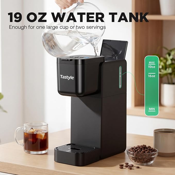 Tastyle Single Serve Coffee Maker Hot and Iced with Bold Brew, Up to 16 Oz | for K Cup and Ground, Fits 7.3'' Travel Mug, 5 Cup Sizes, Compact for Office, RV& Hotel, K320, 3.0 Version, Black - Image 6
