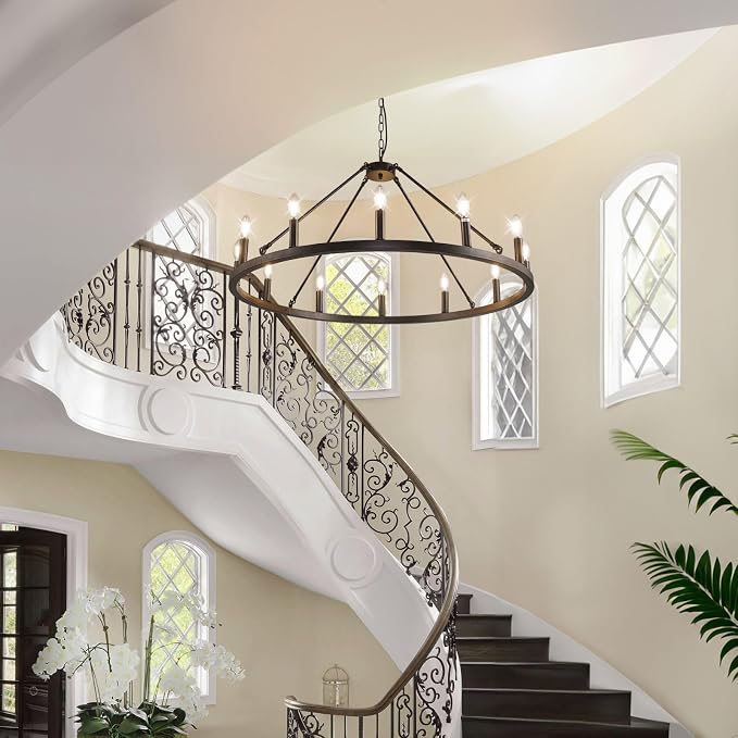 37.5" Black Farmhouse Chandelier,12-Light Large Wagon Wheel Chandelier,Round Dining Room Light Fixtures Over Table,Foyer Chandeliers for High Ceilings,for Kitchen Island,Living Room,Bedroom,Entryway - Image 9