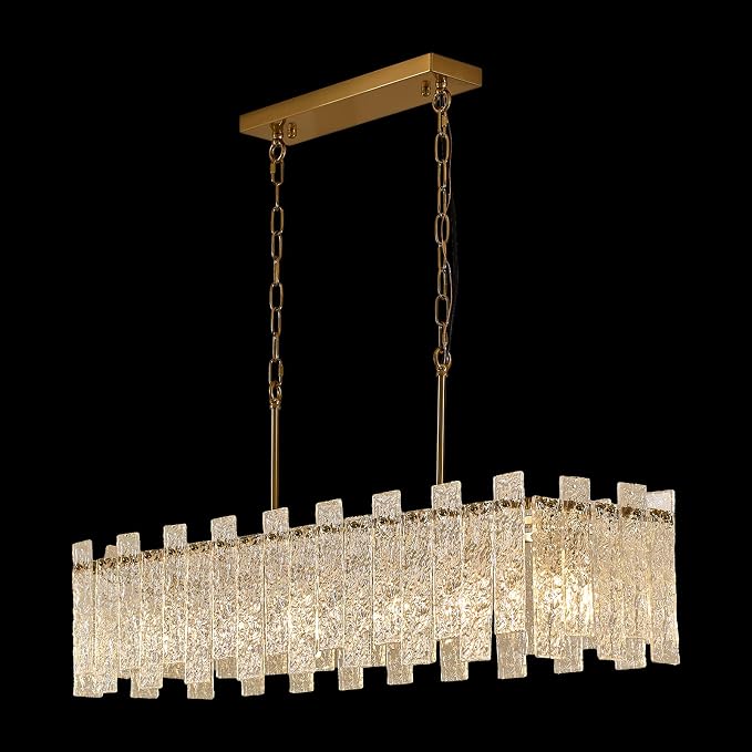 L39 inch Gold Rectangle Crystal Chandelier, Modern Rectangular Water Ripple Glass Dining Room Chandeliers Light Fixture, 6-Lights Hanging Pendant Light for Kitchen Island, Living Room - Image 9
