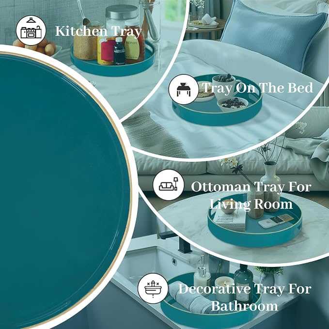 MAONAME 13" Teal Decorative Tray, Plastic Round Serving Tray with Handles | Green Decorative Tray for Coffee Table, Modern Ottoman Tray, Circle Tea Tray, Round Melamine Tray for Living Room, Bathroom - Image 7