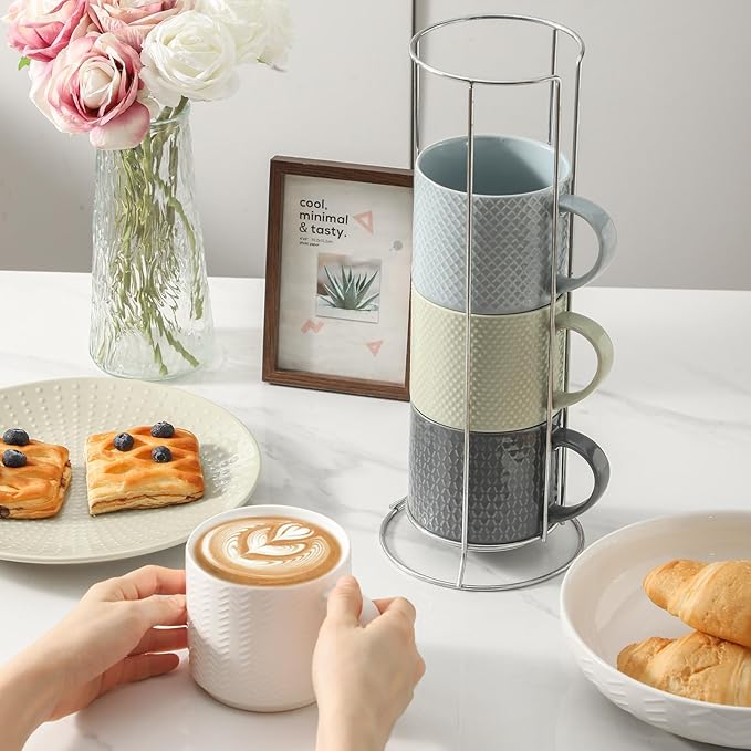 HASENSE Coffee Mugs with Metal Stand,15 oz Ceramic Stackable Mug Set Embossed Latte Cup, Ceramic Coffee Cups with Handle for Cappuccino and Tea, Multi Color - Image 6