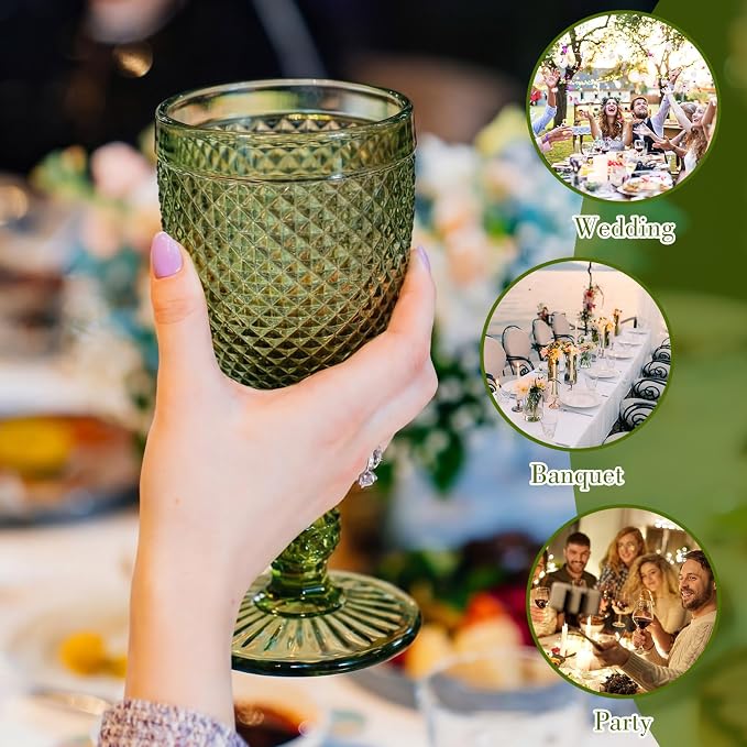 Bokon 12 Pack Green Glass Goblets Set 10 oz High Clear Wine Glass Vintage Water Goblets Cups Embossed Diamond Design Glassware with Stem for Drinking Juice Liquor Party Wedding Bar - Image 7