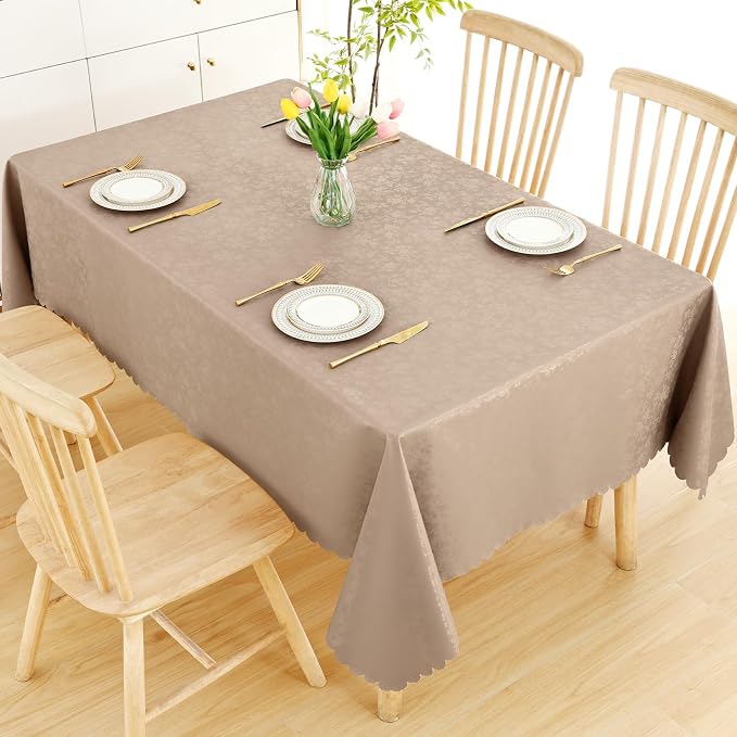 Smiry Rectangle Waterproof Heavy Duty Vinyl Tablecloths, 60 x 84 Inch | Wipeable Washable Floral Embossed Table Cover for Kitchen and Dining Room, Indoor & Outdoor Use, Khaki - Image 8
