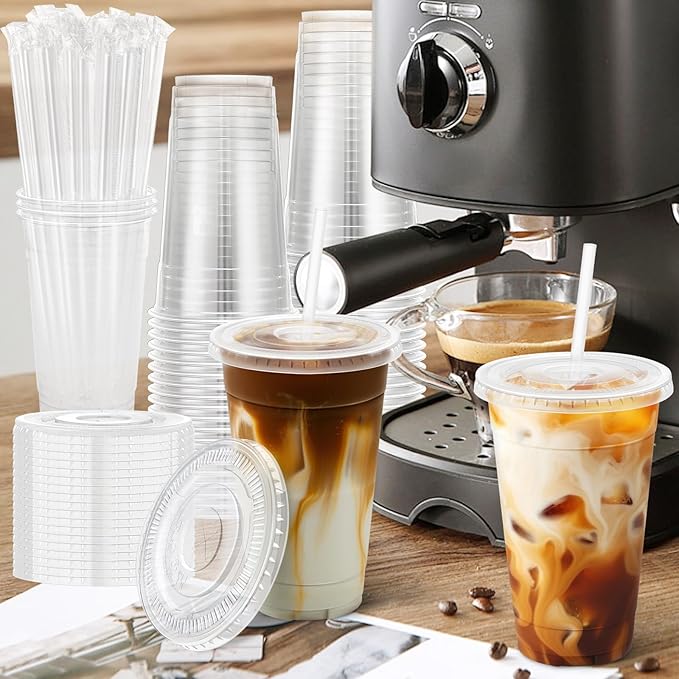 Lamosi 100 Pack 24 oz Clear Plastic Cups with Lids and Straws, Disposable Plastic Coffee Cups with Lids for Iced Coffee, Cold Beverages, Smoothies and To-Go Drinks