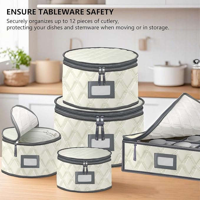 5 Pack China Storage Containers Set (Beige) - Sturdy Quilted Wine Glass & Dish Storage with Dividers - Compact Size - Image 8