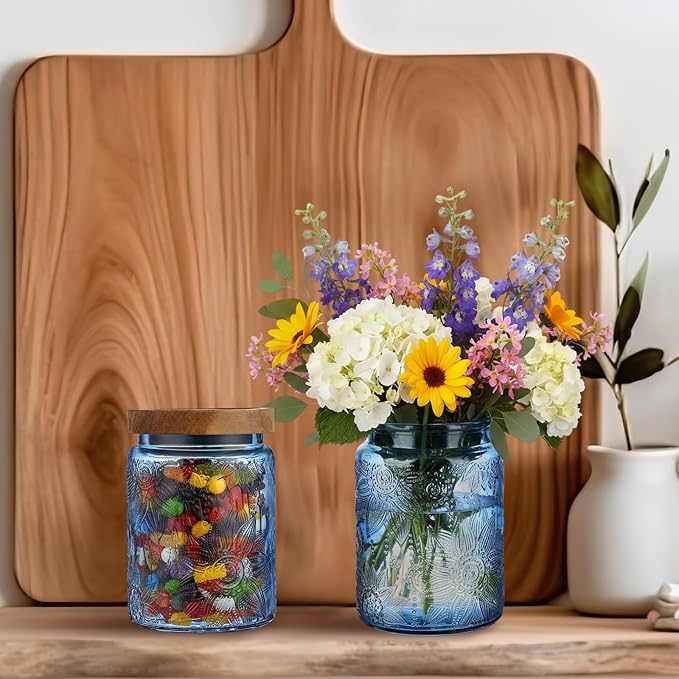 LemonRoad 2 Pcs Vintage Blue Glass Storage Jars 23.7 oz Mason Jar Canister with Wood Lids Food Storage Container for Cookie, Pantry, Candy Kitchen, Coffee, Tea, Flour, Sugar, Decorative Home Decor - Image 6