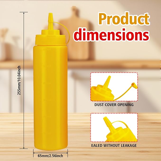 Squeeze Bottles for Sauces,Leak-Proof Condiment Dispenser, BPA-Free Kitchen Restaurant Squeeze Bottle Set with Wide Mouth for Ketchup, Mustard,Syrup,Dressings (Yellow, 4Pack-24oz(600ml))