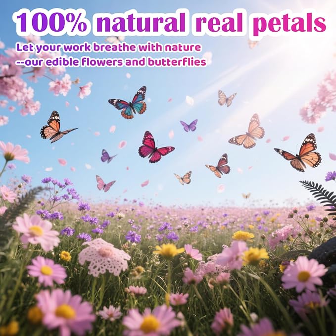50 Pcs 10 Kinds Real Natural Edible Wildflower & Edible Butterflies | Wedding Cake Toppers, Edible Cake Decorations for Birthday, Cake Decorating Kit for Wedding - Image 6