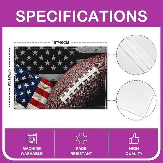 Feelyou Football Placemats Set of 4 12x18 Inch American Flag Table Mats for Party Kitchen Dining Decoration Holiday Seasonal Patriotic Rugby Place Mat for Dinner Table Indoor Outdoor Easy to Clean - Image 4