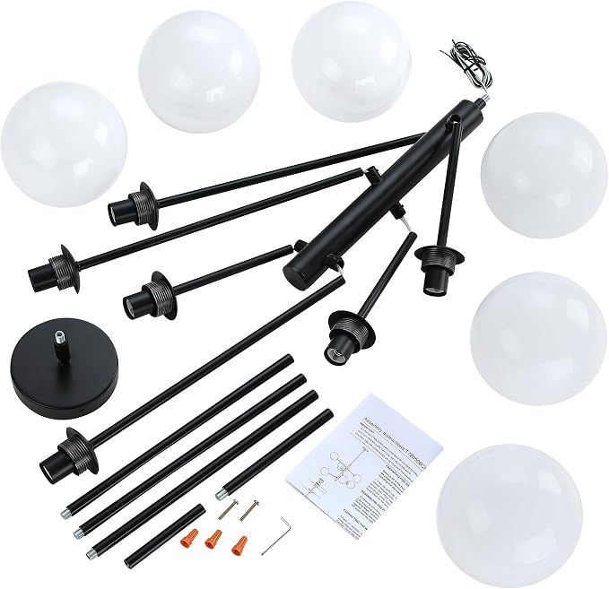 Mid Century 6-Lights Globe Milky Handcrafted Marble Glass Chandelier for Living Room Modern Black Chandelier Light Fixture Dining Room Chandelier Over Table Foyer Bedroom Kitchen Island - Image 7