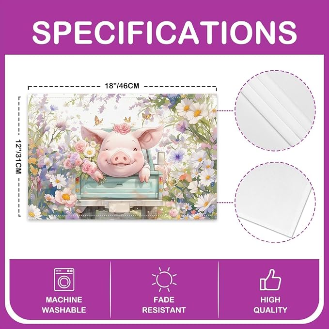 Feelyou Pink Pig Table Mats Placemat Cartoon Pigs Placemats Set of 4 Lovely Animal Placemats for Dining Table Indoor Outdoor Kitchen 12"x18" Farm Flower Decor Table Place Mats - Image 4
