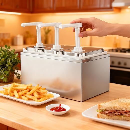 2.11 Quart Stainless Steel Sauce Pump Dispenser,Condiment Pump Station Detachable Leak-Proof Design for Sauce Honey Syrup Dressing,Commercial & Home Kitchen Use (3 Heads, 2L)