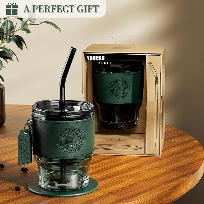 14 oz Glass Tumbler with Straw and Lid,Coffee Cup,Glass Cups,Coffee Mug,Iced Coffee Cups with Lids,Tea Cup,Juice Glasses,Water Glasses,Smoothie Cups,Vintage Drinking Glasses with Sleeve and Coaster