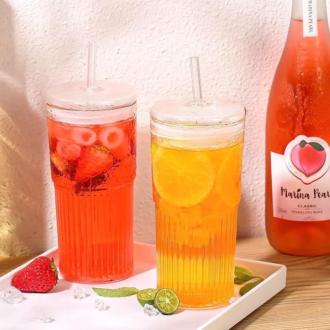 Glass Cups With Lids and Glass Straws,20 OZ 4pcs High Borosilicate Glass Tumbler Iced Coffee Water Smoothie