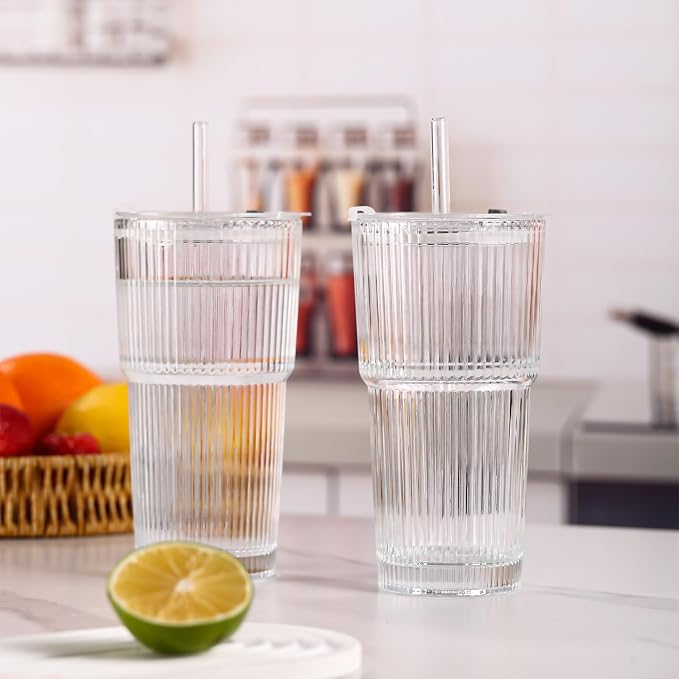 4PCS Ribbed Glass Cups with Lids and Straws, 20oz Vintage Drinking Glasses, Aesthetic Iced Coffee Cups, Glass Tumbler for Boba, Beer, Tea, Cocktails, Ribbed Glassware Set,Clear - Image 7