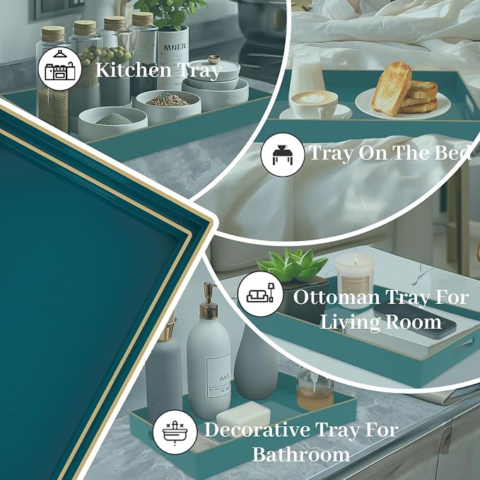 MAONAME Green Serving Tray with Handles, Plastic Decorative Tray Set of 2 | Decorative Tray for Coffee Table, Modern Ottoman Tray, Rectangle Melamine Tray for Living Room, 15.8"L x 10.2"W x 1.4"H - Image 7