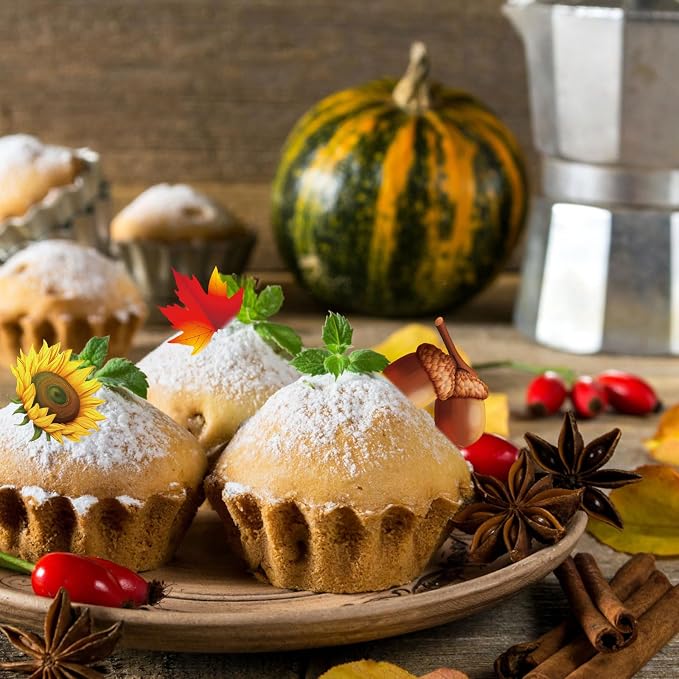 280pcs Fall Cake Decorations - Edible Sunflower, Leaf, Pumpkin Cupcake Toppers - Autumn Edible Cake Decors for Baking, Food, Thanksgiving Party Supplies (40 Styles) - Image 7