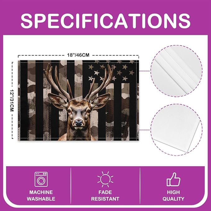 Feelyou Deer Hunting Camo Placemats Set of 4 Hunter Camouflage Table Mats for Party Kitchen Dining Decoration American Flag Place Mat for Table Holiday Decor Indoor Outdoor 18"x12" Non-Slip Washable - Image 4