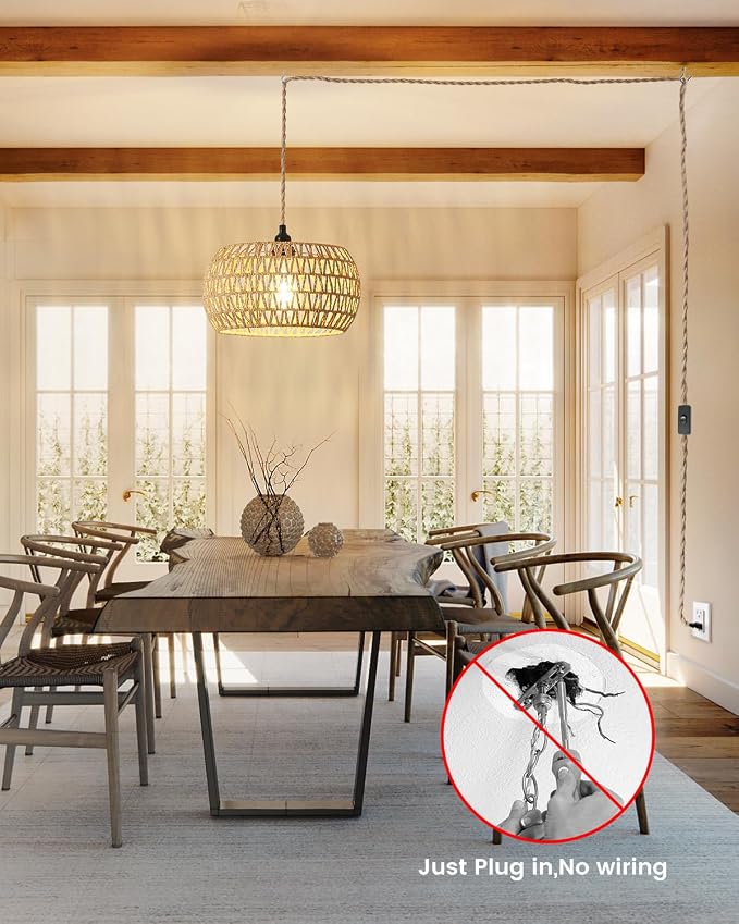 Rattan Boho Hanging Light,12.6'' Natural Hand Woven Fabric Drum Light,Plug Into Wall Outlet Pendant Light Fixture On/Off Switch for Dining,Living Room,Bedroom,Kitchen,Hallway Entryway, Without Bulb - Image 7