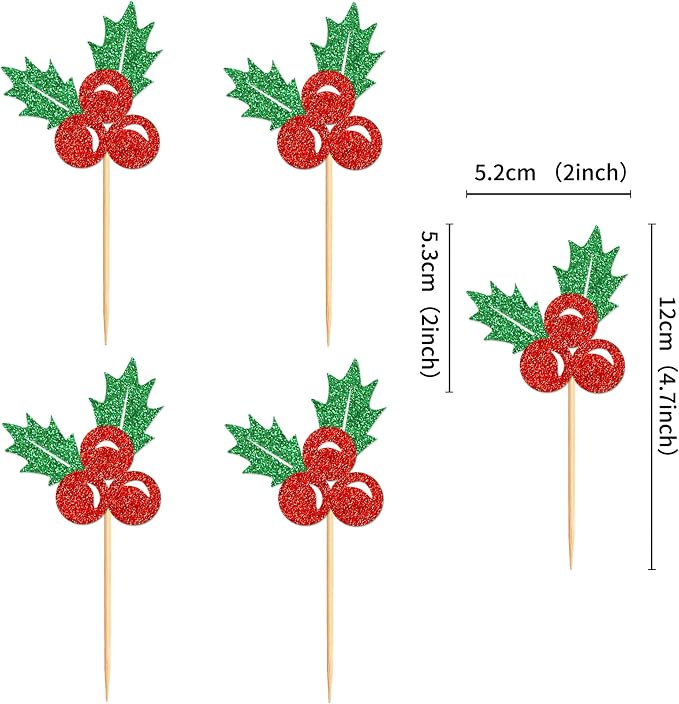 24 Pack Christmas Holly Leaves Cupcake Toppers Picks Christmas Eve Party Cake Baby Shower Birthday Party Cake Decoration Supplies - Image 6
