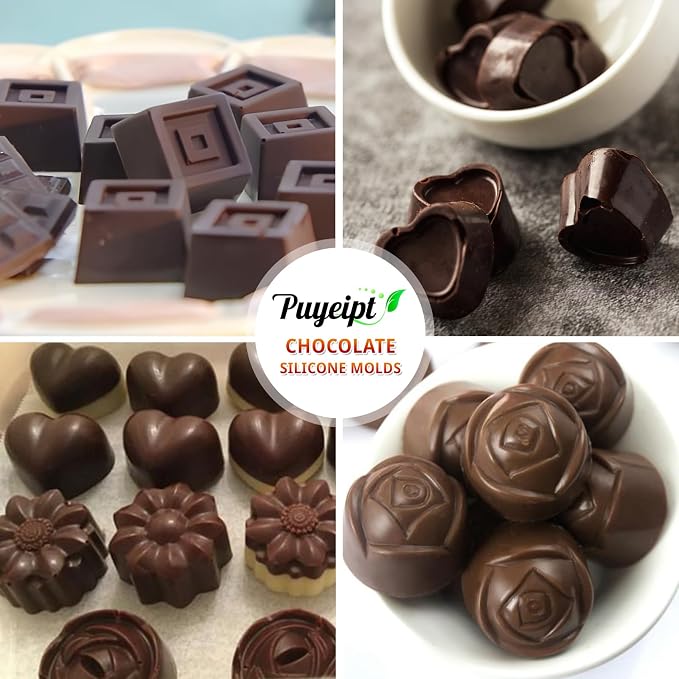 Puyeipt Mini Silicone Chocolate Molds, 2 Pack, 60 Cavities | Non-Stick Candy Molds, Bite Size Chocolates, Candies, Truffles, Gummies, Jelly, Heart, Sunflower, Rose, Square, Swirl Shaped - Image 7