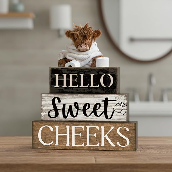 Moucuny 4 Pcs Bathroom Shelf Decor Highland Cow Farmhouse Bathroom Decor and Accessories Rustic Eucalyptus Leaves Hello Sweet Cheeks Highland Cow Sign Western Table Centerpiece for Home Office Toilet - Image 8