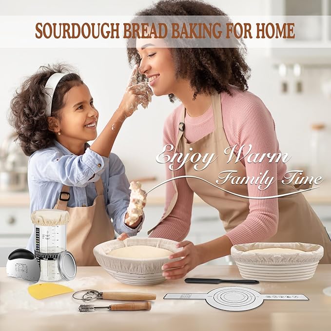 Sourdough Starter Kit with 2 Proofing Baskets, 36oz Sourdough Starter Jar, Bread Lame, Dough Scraper, Dough Whisk & Silicone Bread Sling
