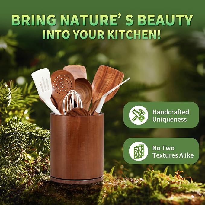 Walnut Utensil Holder, 360° Rotating 7.3 in Kitchen Organizer | Rustic farmhouse countertop decor. 360° rotating base holds spatulas, ladles, tongs, and cooking tools. Rich walnut finish - Image 7